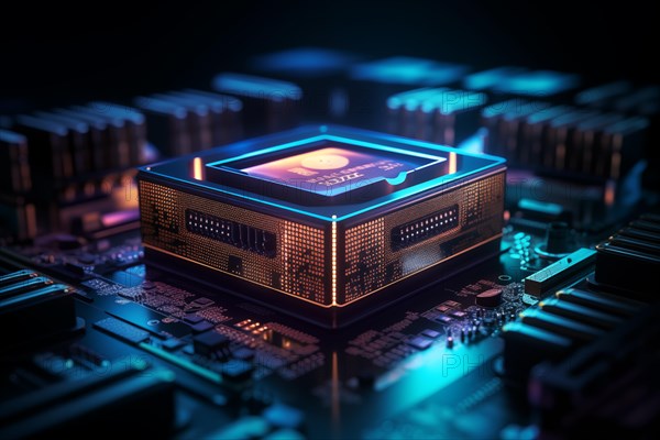 Close-up of a computer processor chip CPU on a motherboard with glowing neon lights. The chip is surrounded by other electronic components. Technology and hardware related content, AI generated