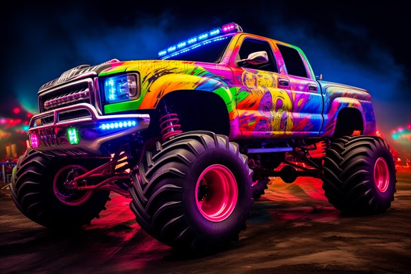 Monster truck illuminated by neon lights, excitement and thrill of an extreme sport and entertainment monster truck stunts racing show, AI generated