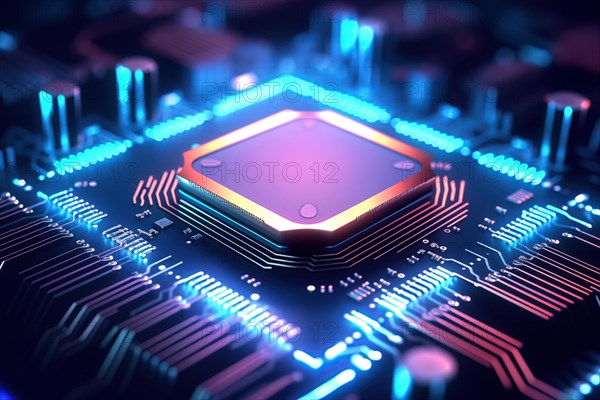 Close-up of a computer processor chip CPU on a motherboard with glowing neon lights. The chip is surrounded by other electronic components. Technology and hardware related content, AI generated