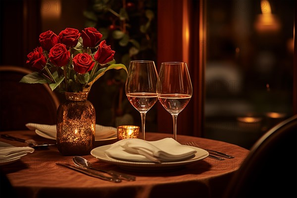 Table prepared for Valentine's Day dinner with red roses, and wine glasses filled, lit candles, and elegant tableware. The ambiance is warm and inviting, perfect for a loving celebration, AI generated
