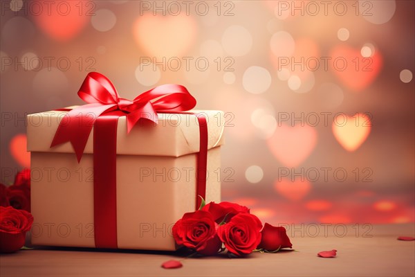 Gift adorned with a red ribbon, accompanied by vibrant red roses, set against a backdrop of soft lights on table creating a romantic ambiance. Love expression on Valentine's Day, AI generated