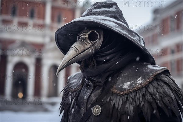 Person dressed as a plague doctor, adorned with the iconic crow mask, amidst the snowfall at the Venice Carnival, AI generated