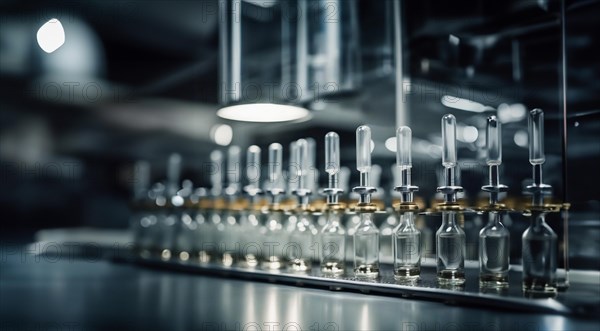 Production of medicines in ampoules at the factory, conveyor belt with medicines, AI generated