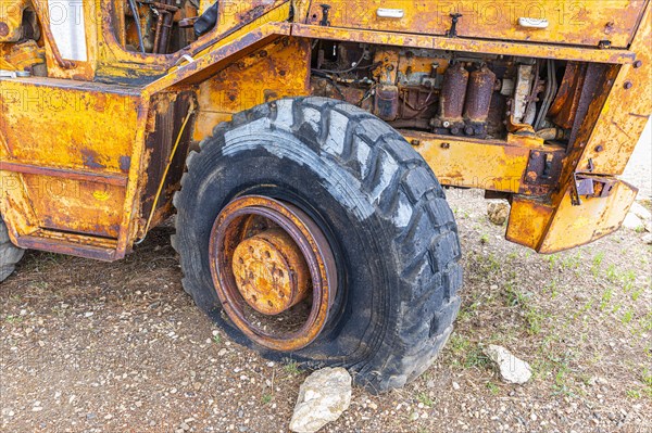 Rusted bulldozer wreck in the former Miniere Calamita mine, Elba, Tuscan Archipelago, Tuscany, Italy, Europe