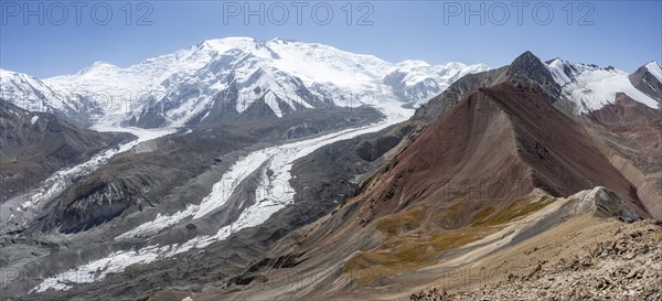 High mountain landscape with glacier moraines and glacier tongues, glaciated and snow-covered mountain peaks, Lenin Peak and Peak of the XIX Party Congress of the CPSU, Traveller's Pass, Trans Alay Mountains, Pamir Mountains, Osh Province, Kyrgyzstan, Asia