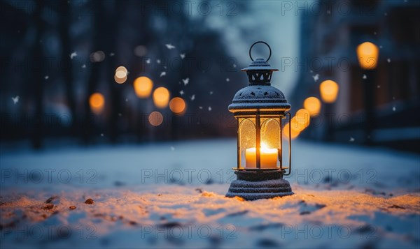 Vintage lantern in the winter forest. Christmas background with lantern in the snow. Selective focus AI generated