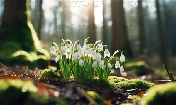 Cluster of snowdrops bathed in sunlight on a green forest floor AI generated
