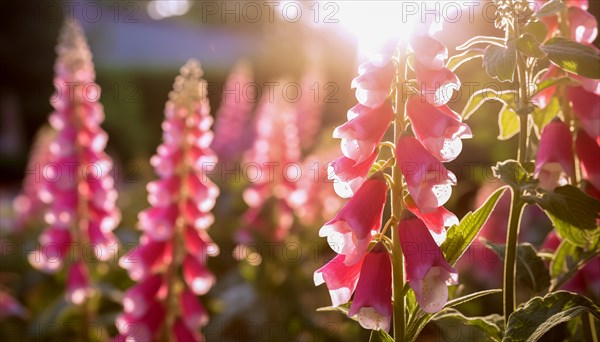 Sunset light filters through pink Digitalis ferruginea â€˜Gigantea flowers in a peaceful garden, AI generated