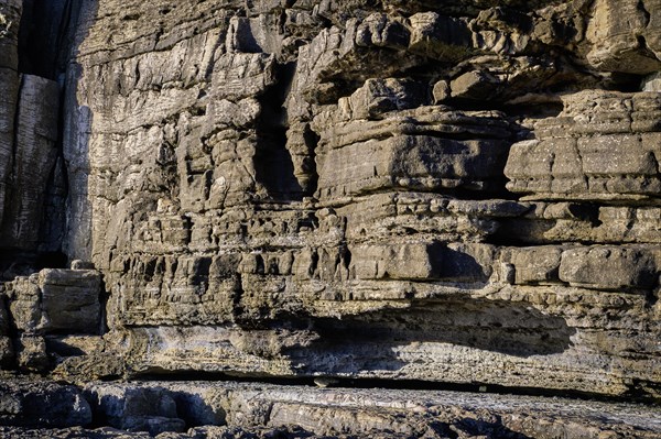 Beautiful texture of cliffs and rock formations in Peniche, Portugal, on sunny day. Weathered rock formations, geological interest, coastline, clear blue sky, background, texture, Europe