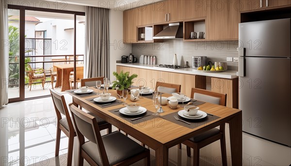 A sleek modern kitchen with a dining table set for a meal, illuminated by natural and pendant lighting, AI generated