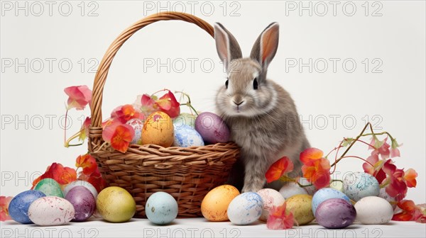 A rabbit sits beside a basket filled with colorful painted Easter eggs and surrounded by flowers AI generated