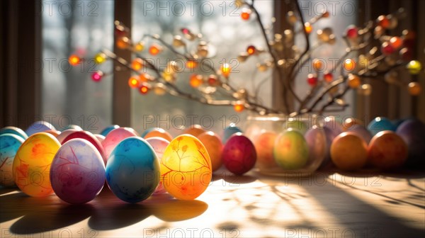Colorful Easter eggs illuminated by warm sunlight on a windowsill, creating a festive and traditional celebration atmosphere AI generated