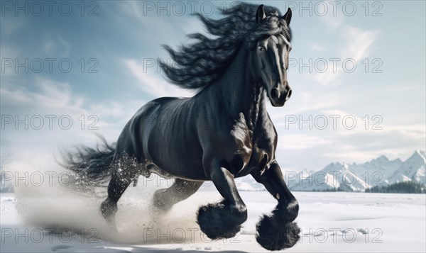 Black horse running on snow in winter landscape with mountains in background AI generated