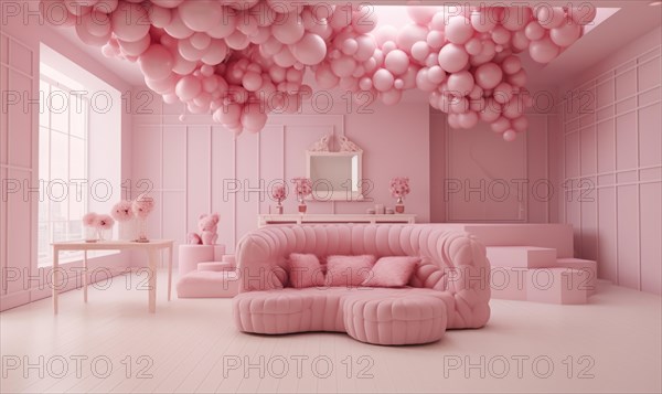 A stylish room with a ceiling covered in pink balloons and modern furnishings Children's room with pink bed, balloons and teddy bear. AI generated
