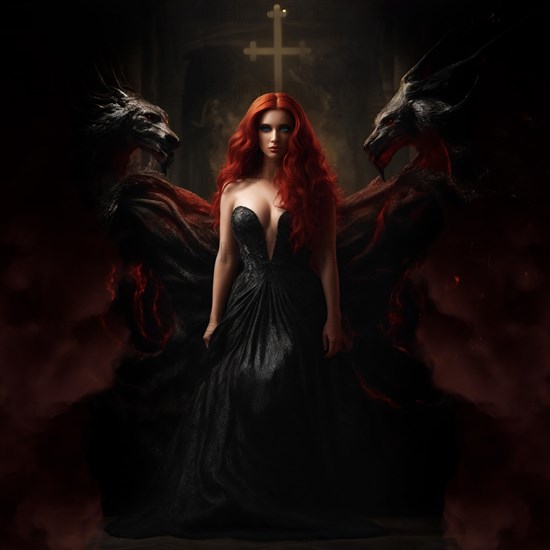 Red-haired woman in a black dress stands in a dilapidated church flanked by two demons, AI-generated, AI-generated, AI generated