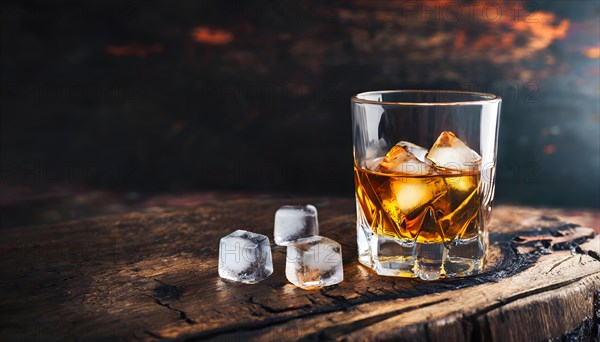 Whiskey with rocks or ice cubes in a glass with ice in a dark wooden background. AI Generated, AI generated