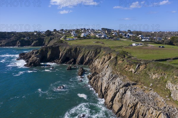 Aerial view of the cliffs at Plougonvelin on the Atlantic coast at the mouth of the Bay of Brest, Finistere Penn ar Bed department, Brittany Breizh region, France, Europe