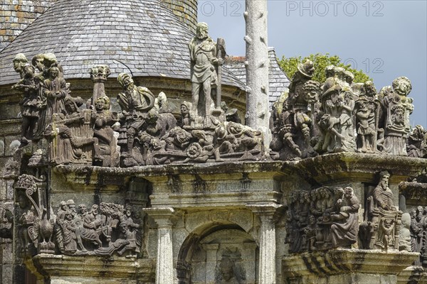 Calvary Calvaire, granite stone carving, Enclos Paroissial parish enclosure of Guimiliau, Finistere Penn ar Bed department, Brittany Breizh region, France, Europe