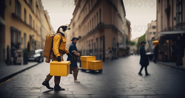 Falcon postman, courier for food delivery in the city. Fast delivery concept, AI generated