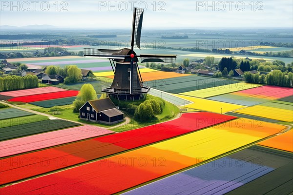 Aerial view of a Windmill in a colorful tulip field environment, The Netherlands, AI Generated, AI generated, Europe