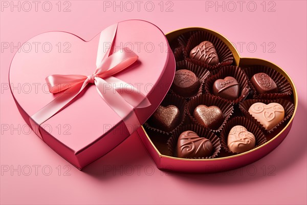 Heart-shaped box with a selection of finely crafted chocolates, perfect for Valentine Day, on pink background. Feelings of love, sweetness and indulgence, AI generated