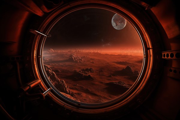 Mars landscape seen through spaceship window illuminator. Concept of extraterrestrial journey space exploration, conveys sense of otherworldly beauty and wonder, AI generated