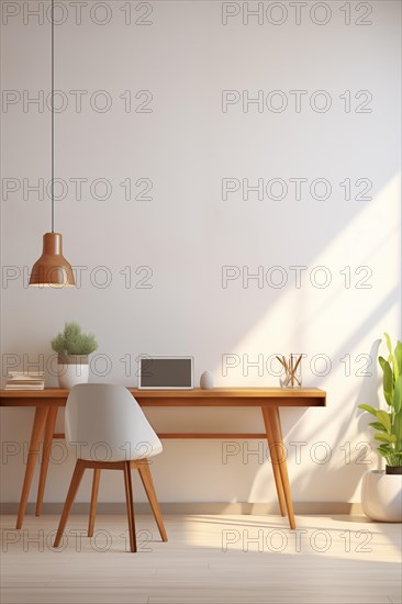 A bright and airy minimalist workspace featuring a wooden desk, white chair, laptop, and indoor plants illuminated by natural light. Remote work home office, AI generated