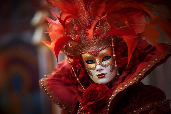 A person adorned in a richly detailed and colorful carnival costume, complete with an elaborate mask, participates in the iconic Venice Carnival, AI generated