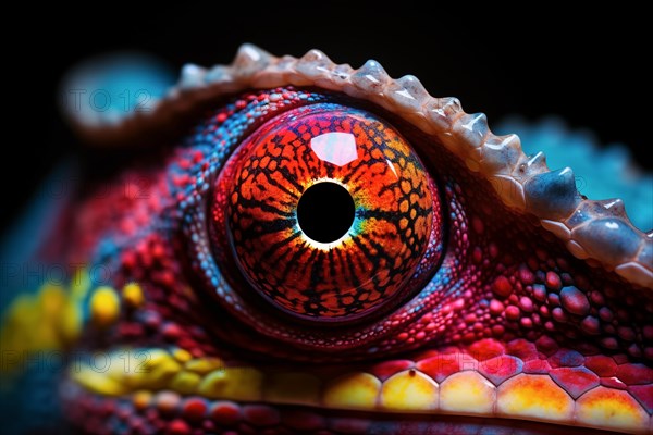 Vibrant close-up image capturing the intricate details and vibrant colors of a chameleon eye against a dark background, AI generated