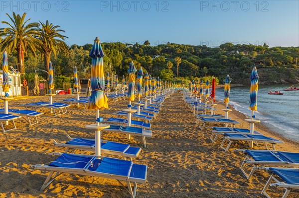 Sun loungers and parasols on Straccolignino beach at sunrise, near Capoliveri, Elba, Tuscan Archipelago, Tuscany, Italy, Europe