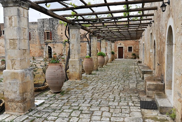 Path, corridor to the monks' cells, monastery church, Arkadi Monastery, Moni Arkadi, national monument, Crete, Greece, Europe