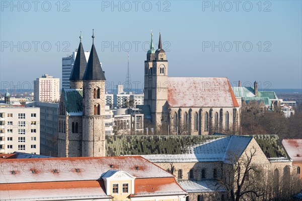 Kloster Unser Lieben Frauen, behind it St John's Church, Magdeburg, Saxony-Anhalt, Germany, Europe
