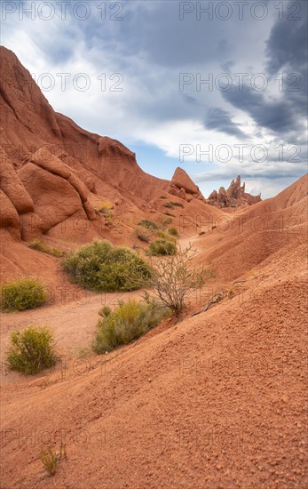 Eroded mountain landscape, sandstone cliffs, canyon with red and orange rock formations, Konorchek Canyon, Chuy, Kyrgyzstan, Asia
