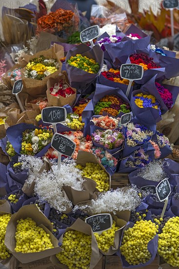 Fresh cut flowers on a sales trolley, Genoa, Italy, Europe