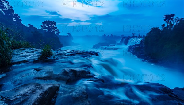 A serene twilight scene with a waterfall flowing from Inga fall in the democratic republic of Congo through rocks surrounded by trees, AI generated