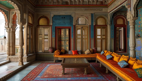 Traditional Indian lounge with ornate archways, vibrant cushions, and intricate designs exuding a royal ambiance, AI generated