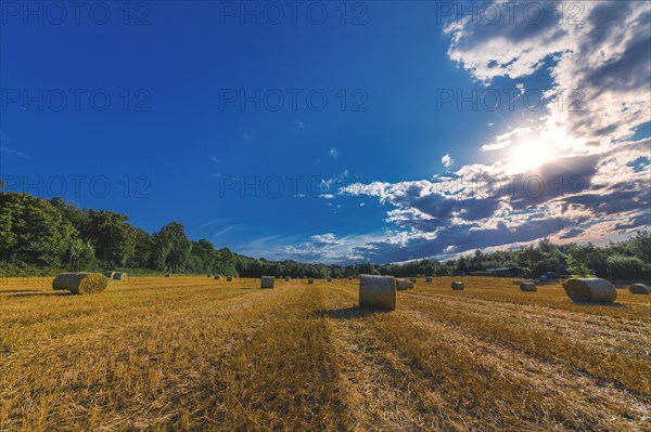 Landscape with bales of straw in a field at sunset and dramatic sky, Wuppertal Vohwinkel, North Rhine-Westphalia, Germany, Europe