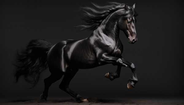 Beautiful black stallion with long mane running on dark background AI generated