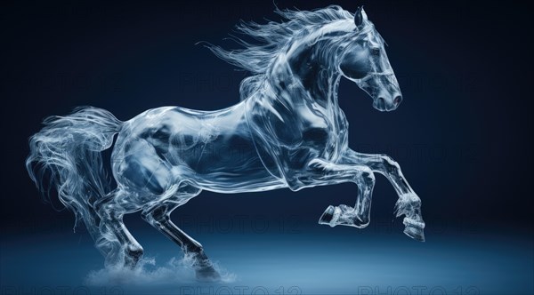 Ice sculpture of horse in dynamic pose. Beautiful horse ice figure. Horse with splashes of water on a blue background AI generated