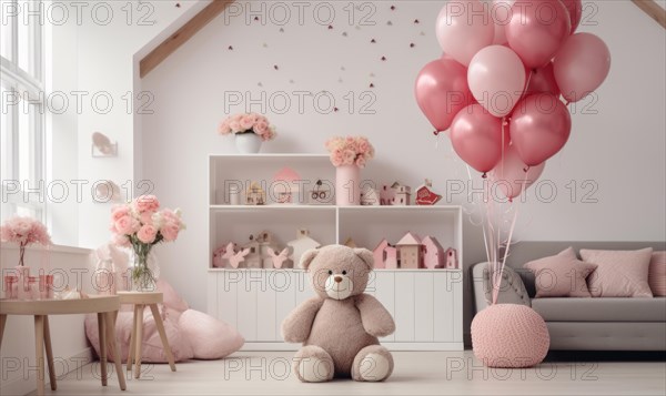 A cuddly teddy bear with pink balloons in a soft-decorated children's room Children's room with pink bed, balloons and teddy bear. AI generated