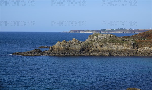 View from the Kermorvan peninsula to the north towards Fort de l'Ilette, with the CROSS Corsen sea rescue centre in the background, Le Conquet, Finistere Pen ar Bed department, Bretagne Breizh region, France, Europe