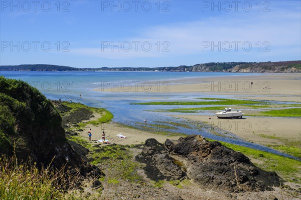 Sandy beach beach Plage de l'Aber with green algae in the Anse de Morgat, behind Morgat, Crozon peninsula, Finistere department, Brittany region, France, Europe