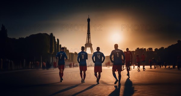 Sports National team of players in Paris at the Olympic Games 2024. Athletes at the Eiffel Tower, AI generated