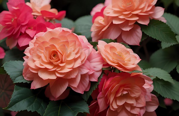 A cluster of peacock begonia in full bloom with lush green leaves, AI generated