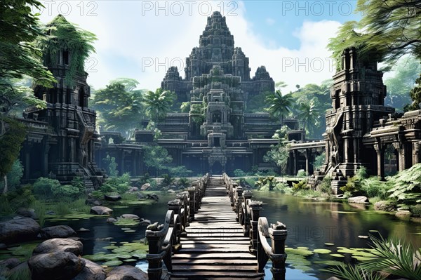 Surrealist aerial view of the Angkor Vat temples, Cambodia, AI Generated, AI generated, Asia