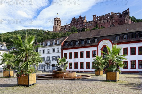 Karl square with the Academy of Science and a view to Heidelberg castle, Heidelberg, Baden Wurttemberg, Germany, Europe