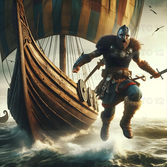Dragon boat, Viking ship of the Vikings on a raid, a warrior jumps ashore, AI generated, AI generated
