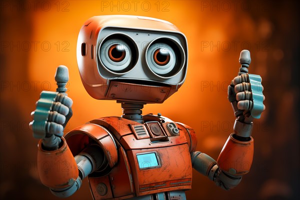 Orange robot showing a thumbs up gesture. The friendly robot has big round eyes and a friendly smile. Concept of artificial intelligence technology approval agreement, success, friendliness, AI generated