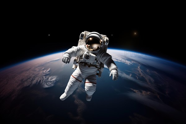 Astronaut Floating Above Earth in Space with extravehicular mobility unit and backpack. Wonder and awe of space exploration and science Astronaut Floating Above Earth in Space with extravehicular mobility unit and backpack. Wonder and awe of space exploration and science, AI generated