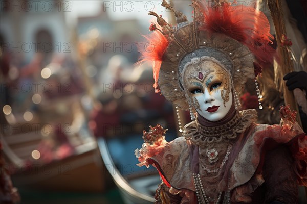 A person adorned in a richly detailed and colorful carnival costume, complete with an elaborate mask, participates in the iconic Venice Carnival, AI generated